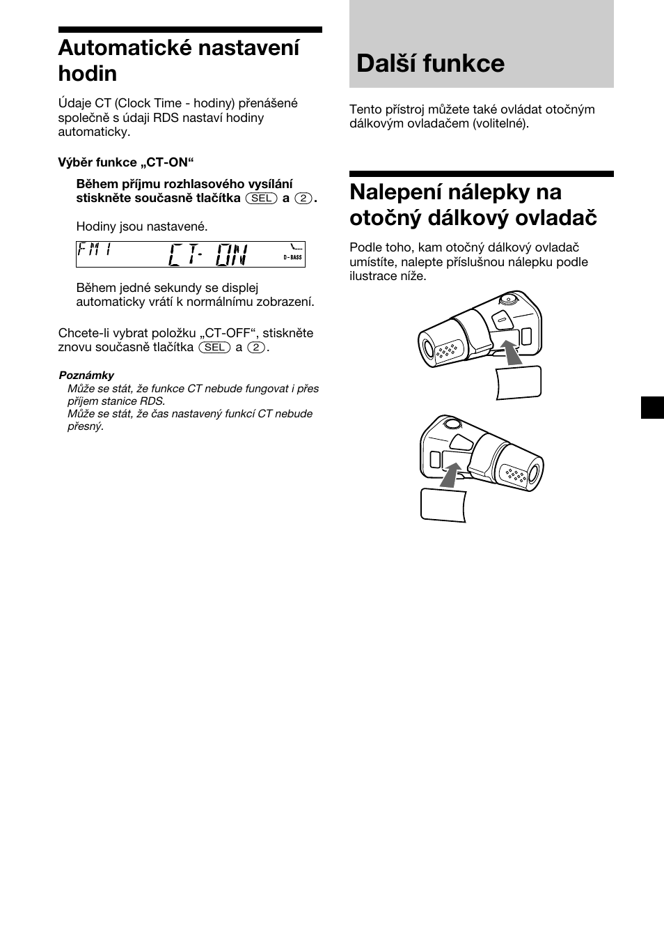 Další funkce, 15 automatické nastavení hodin, Nalepení nálepky na otočný dálkový ovladač | Sony XR-CA410 User Manual | Page 39 / 124