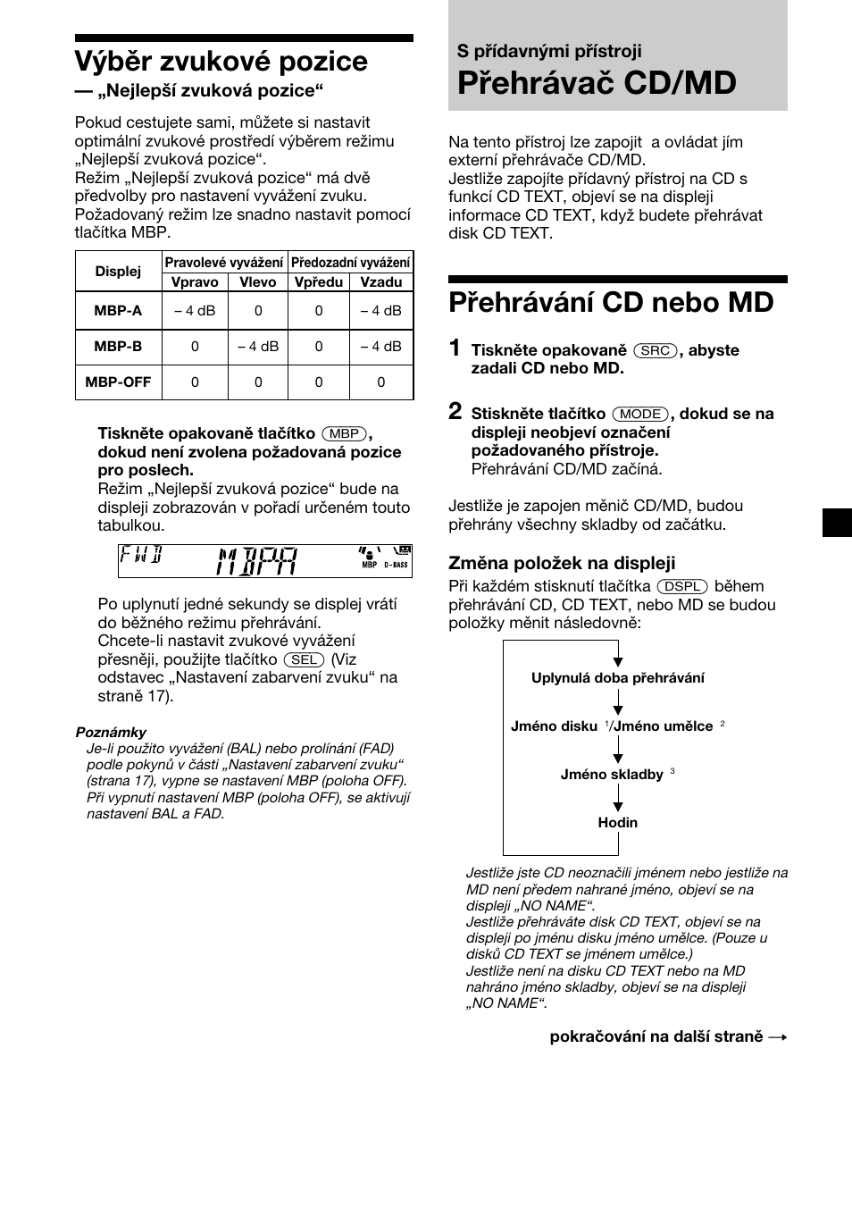 Přehrávač cd/md, Přehrávání cd nebo md, Výběr zvukové pozice | Sony XR-CA410 User Manual | Page 43 / 124