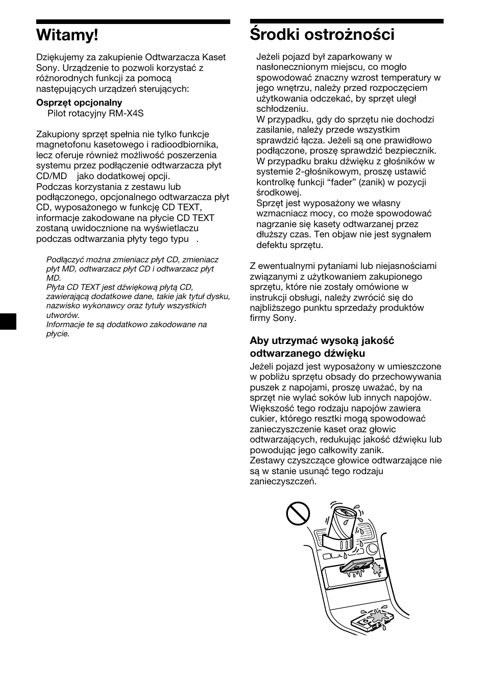 2witamy, Środki ostrożności | Sony XR-CA410 User Manual | Page 50 / 124