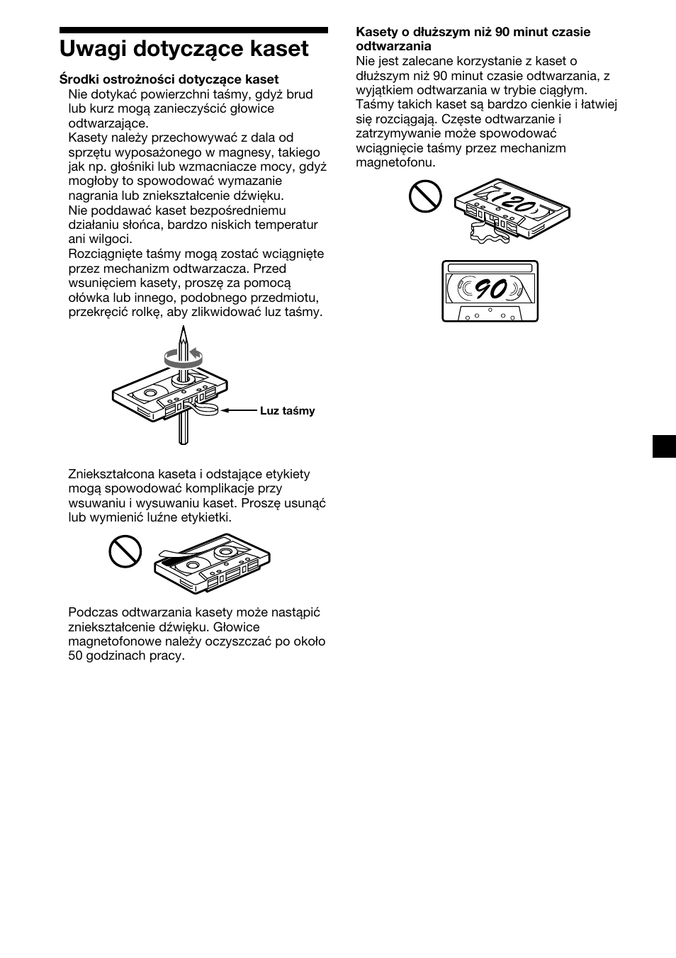 3uwagi dotyczące kaset | Sony XR-CA410 User Manual | Page 51 / 124