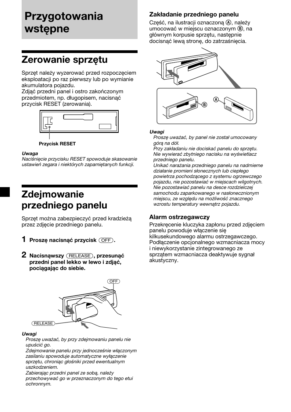 Przygotowania wstępne, Zerowanie sprzętu, Zdejmowanie przedniego panelu | Sony XR-CA410 User Manual | Page 54 / 124