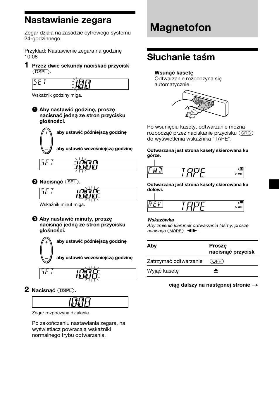 Magnetofon, 7nastawianie zegara, Słuchanie taśm | Sony XR-CA410 User Manual | Page 55 / 124