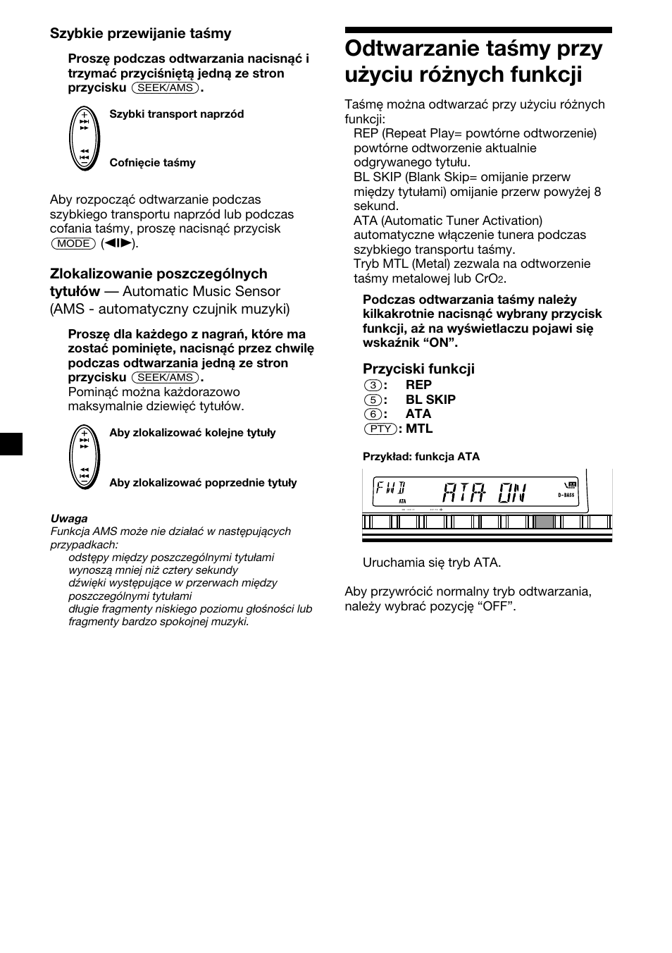 Odtwarzanie taśmy przy użyciu różnych funkcji, Przyciski funkcji, Szybkie przewijanie taśmy | Sony XR-CA410 User Manual | Page 56 / 124