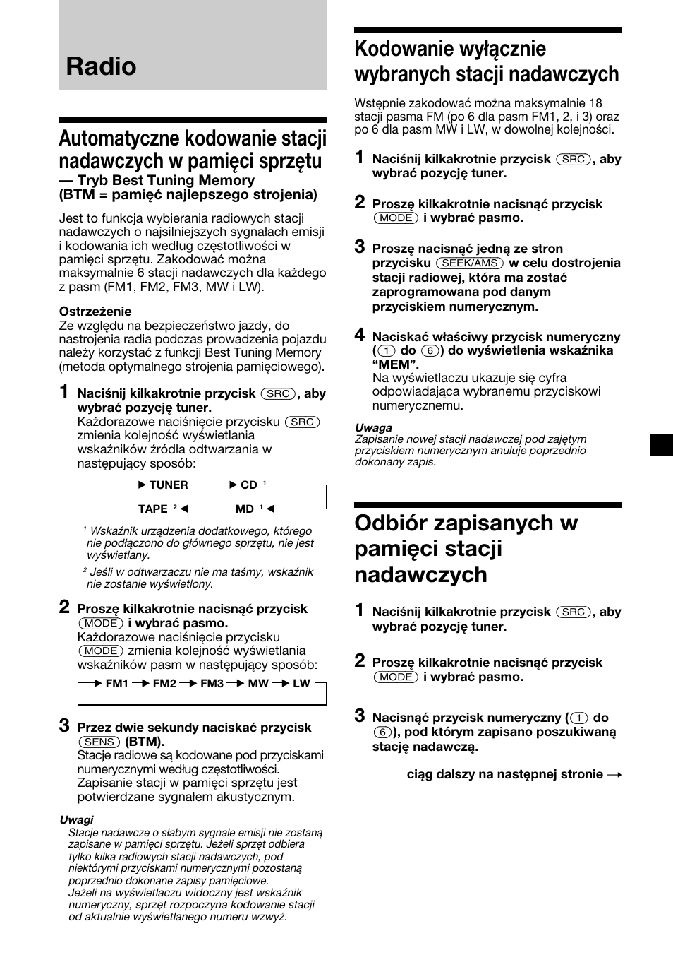 Radio, Kodowanie wyłącznie wybranych stacji nadawczych, Odbiór zapisanych w pamięci stacji nadawczych | Sony XR-CA410 User Manual | Page 57 / 124