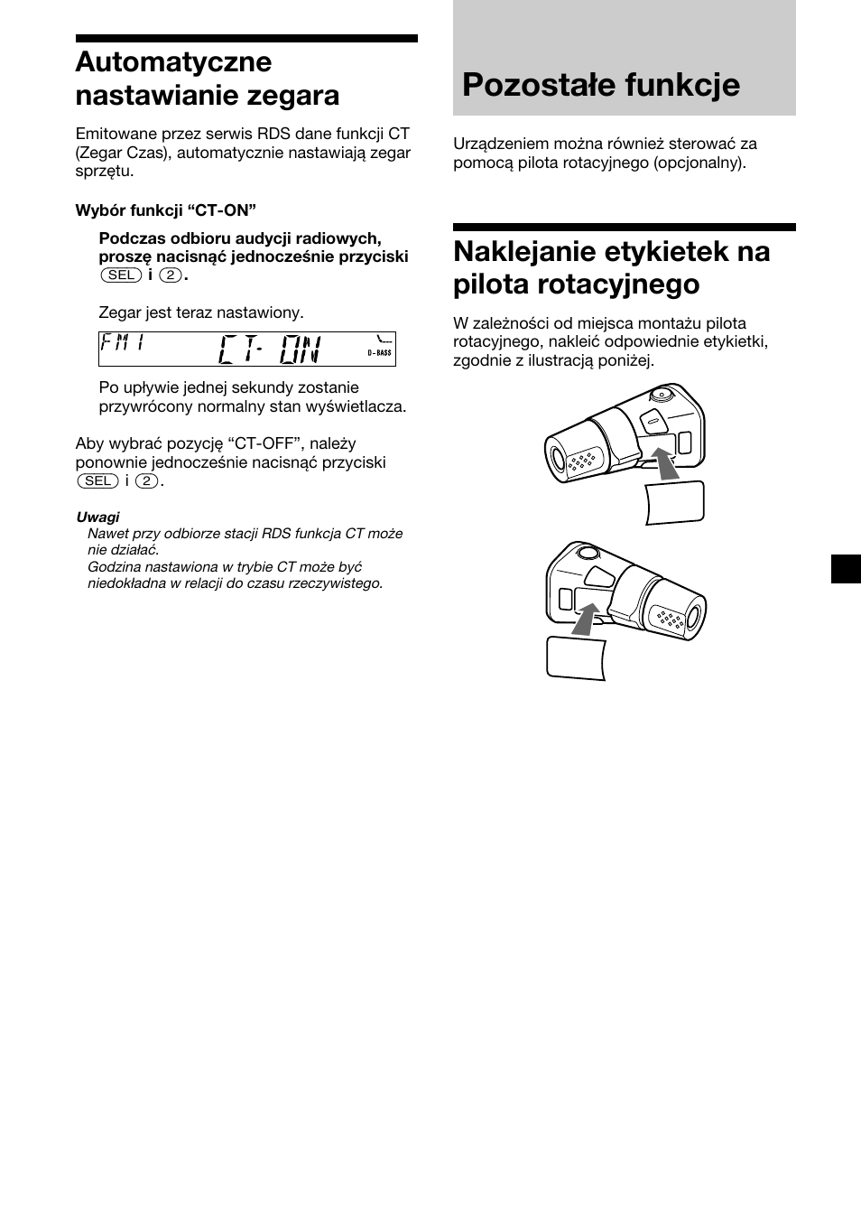 Pozostałe funkcje, 15 automatyczne nastawianie zegara, Naklejanie etykietek na pilota rotacyjnego | Sony XR-CA410 User Manual | Page 63 / 124