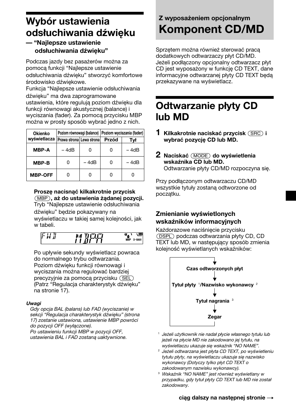 Komponent cd/md, 19 wybór ustawienia odsłuchiwania dźwięku, Odtwarzanie płyty cd lub md | Najlepsze ustawienie odsłuchiwania dźwięku, Z wyposażeniem opcjonalnym, Zmienianie wyświetlonych wskaźników informacyjnych | Sony XR-CA410 User Manual | Page 67 / 124