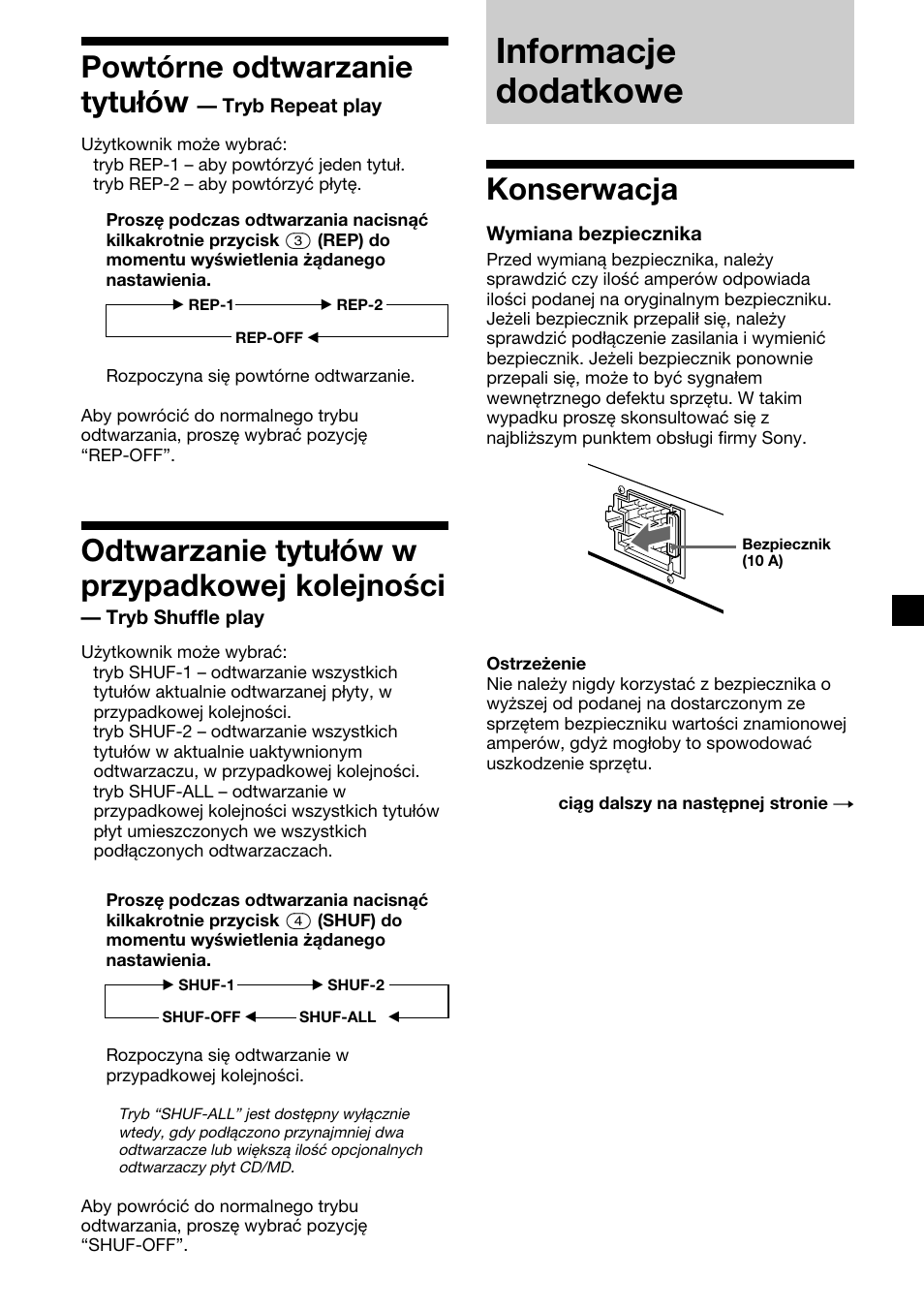 Informacje dodatkowe, 21 powtórne odtwarzanie tytułów, Odtwarzanie tytułów w przypadkowej kolejności | Konserwacja | Sony XR-CA410 User Manual | Page 69 / 124