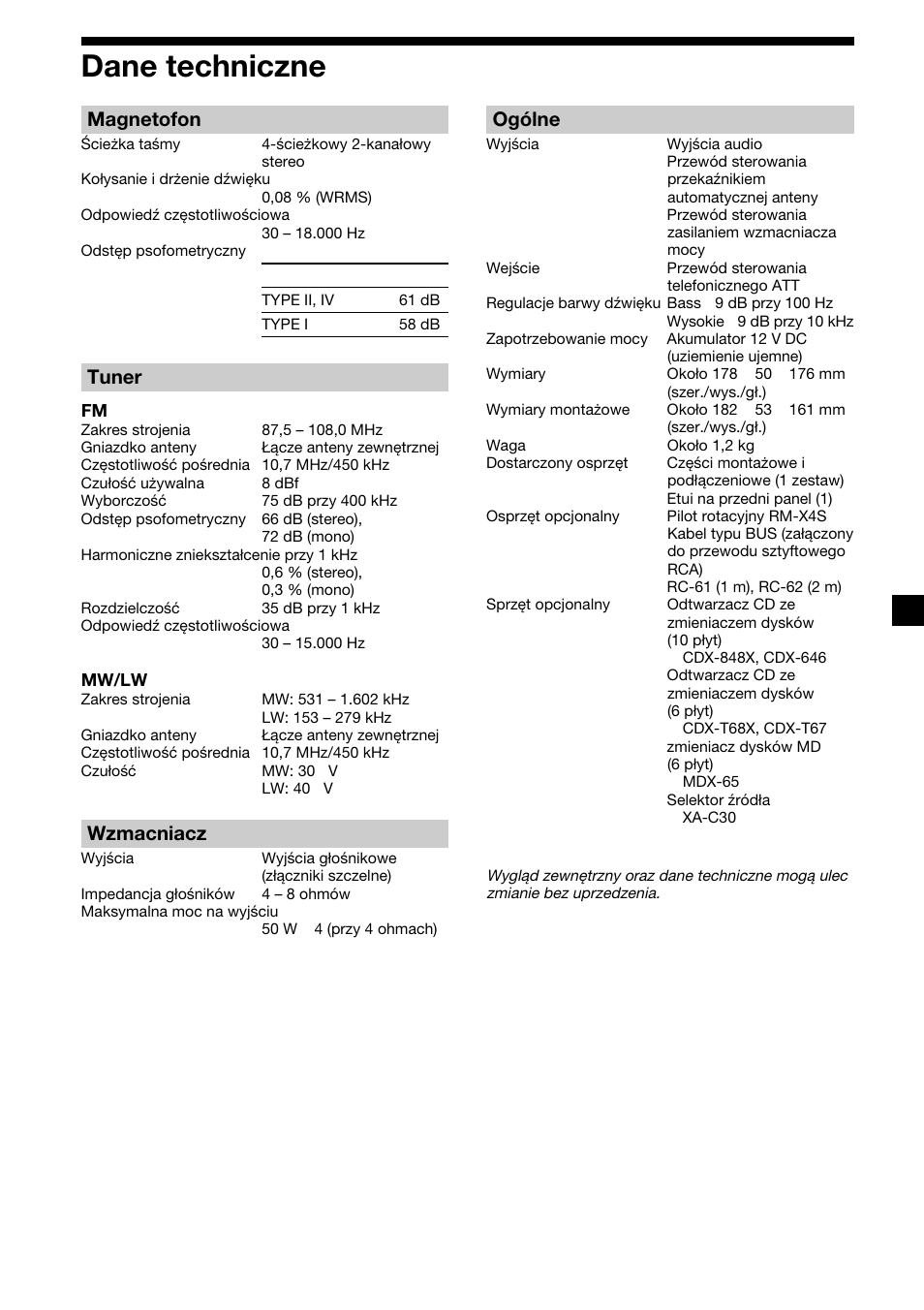 23 dane techniczne, Magnetofon, Tuner | Wzmacniacz, Ogólne | Sony XR-CA410 User Manual | Page 71 / 124