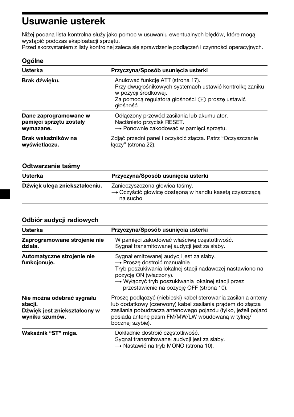 24 usuwanie usterek | Sony XR-CA410 User Manual | Page 72 / 124