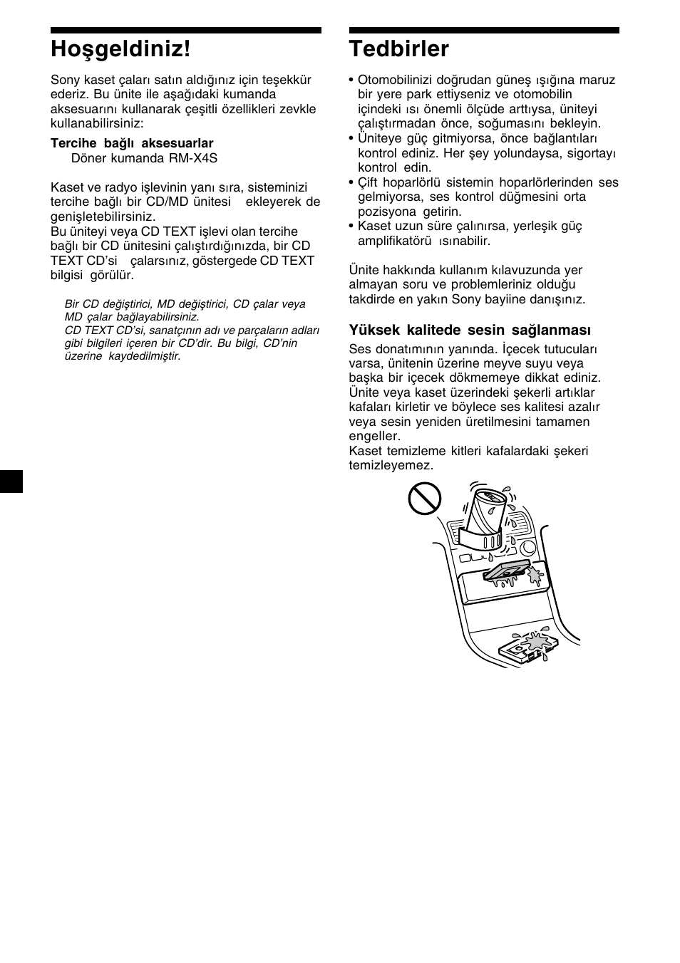 2tedbirler, Hoşgeldiniz | Sony XR-CA410 User Manual | Page 74 / 124