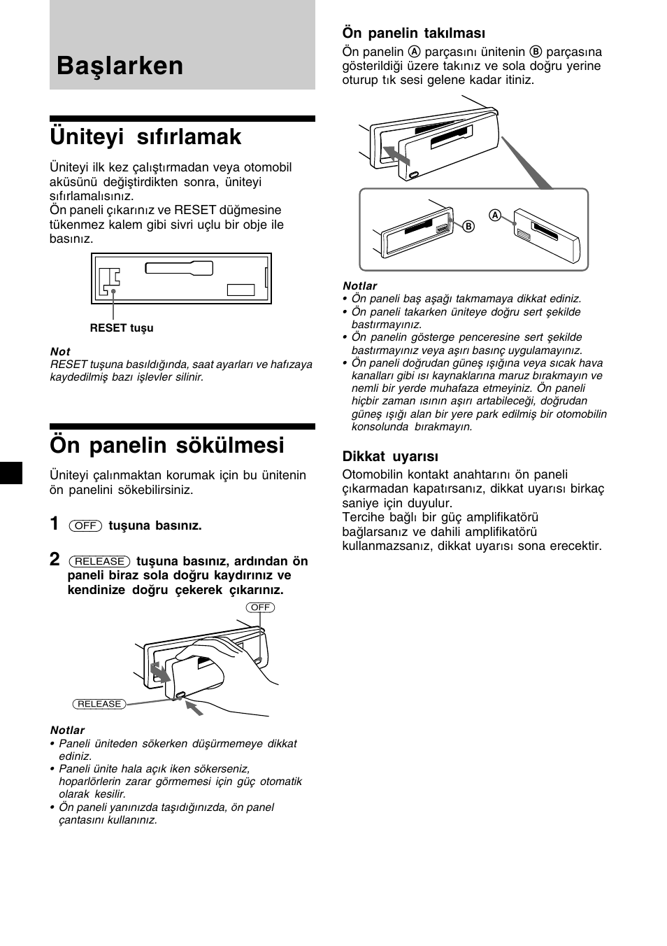 Başlarken, Üniteyi sıfırlamak, Ön panelin sökülmesi | Sony XR-CA410 User Manual | Page 78 / 124