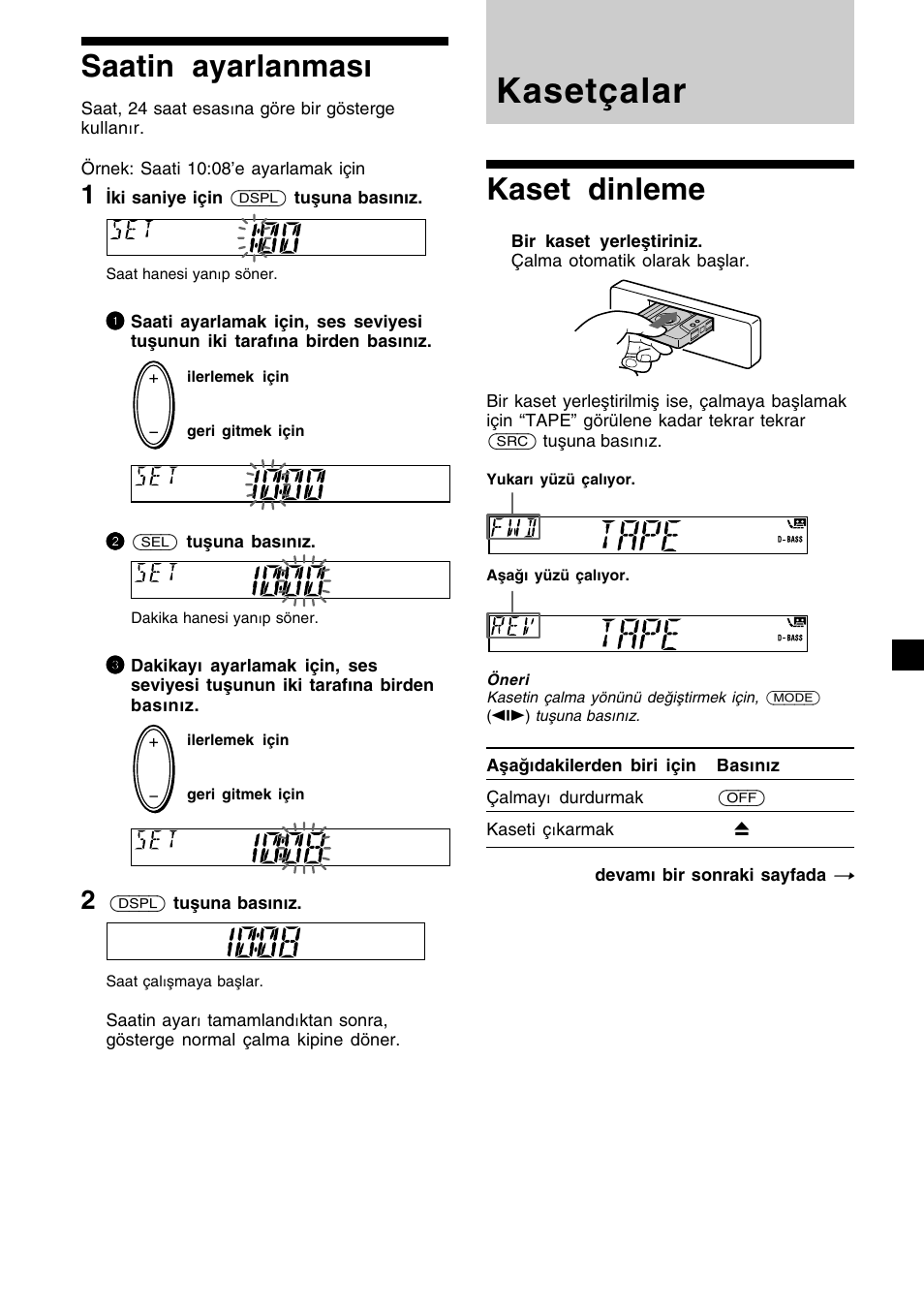 Kasetçalar, 7saatin ayarlanması, Kaset dinleme | Sony XR-CA410 User Manual | Page 79 / 124