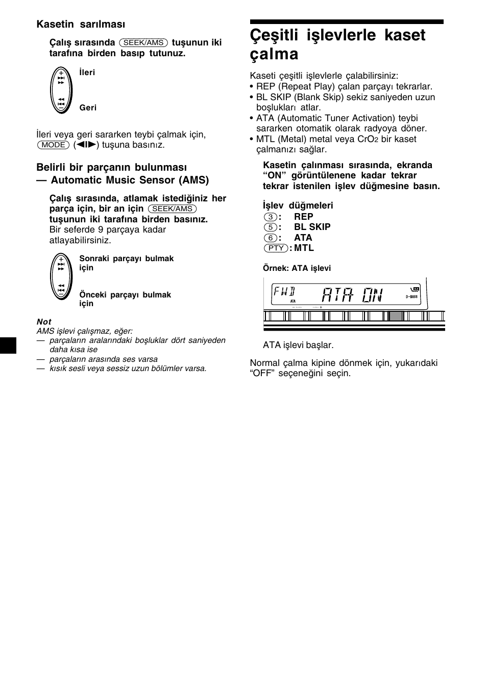 8çeşitli işlevlerle kaset çalma, Kasetin sarılması | Sony XR-CA410 User Manual | Page 80 / 124