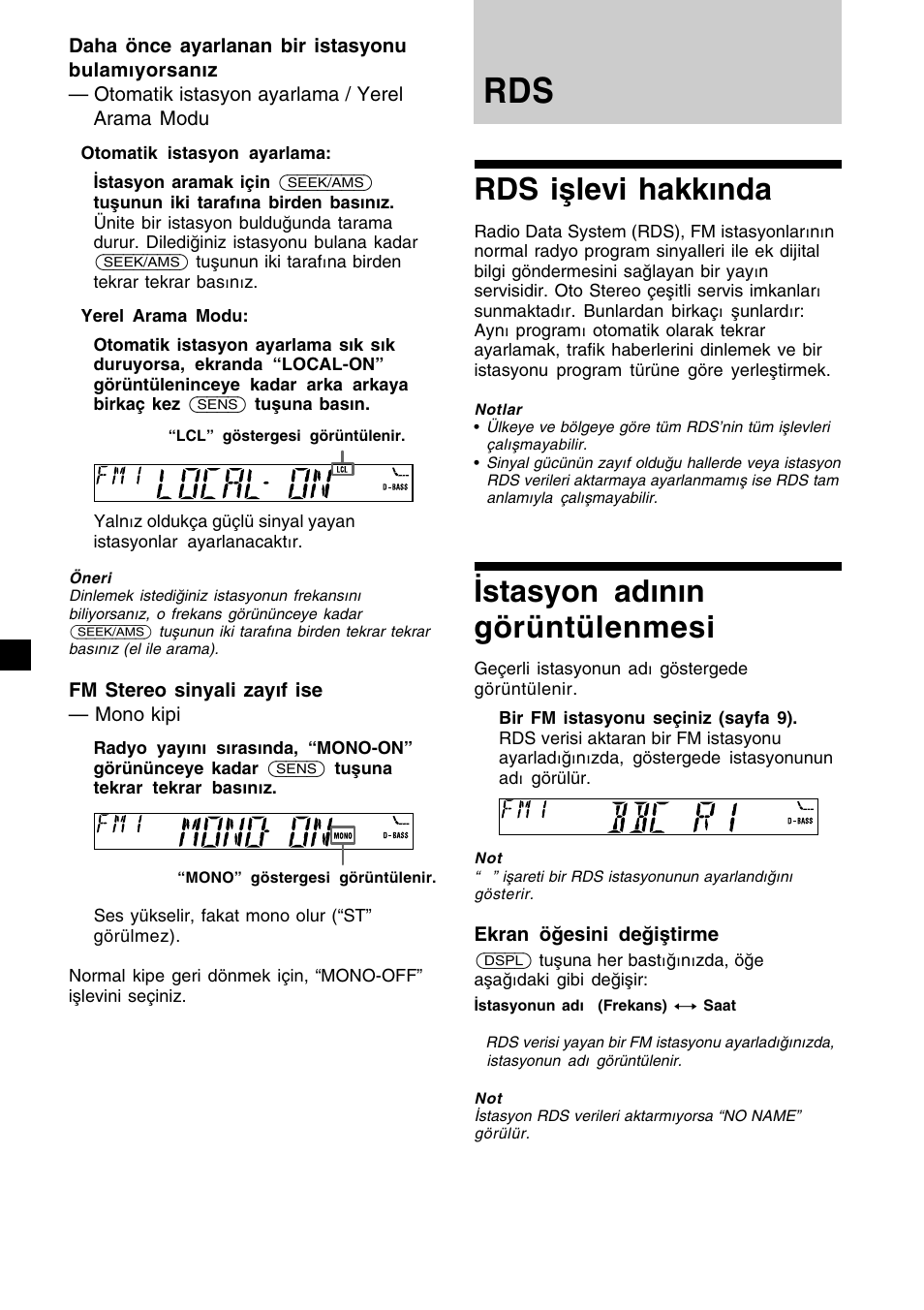 Rds işlevi hakkında, Istasyon adının görüntülenmesi | Sony XR-CA410 User Manual | Page 82 / 124