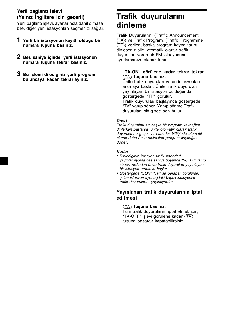 12 trafik duyurularını dinleme | Sony XR-CA410 User Manual | Page 84 / 124