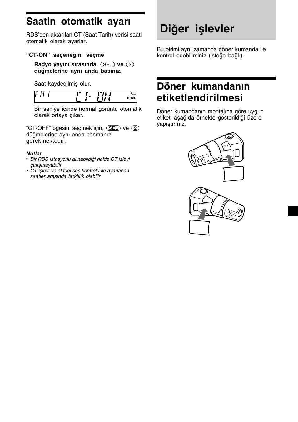 Diğer işlevler, 15 saatin otomatik ayarı, Döner kumandanın etiketlendirilmesi | Sony XR-CA410 User Manual | Page 87 / 124