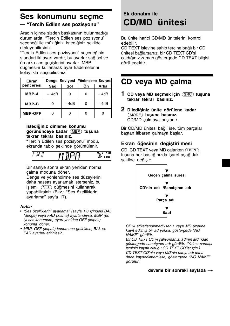 Cd/md ünitesi, Cd veya md çalma, Ses konumunu seçme | Ek donatım ile, Ekran öğesinin değiştirilmesi, Tercih edilen ses pozisyonu | Sony XR-CA410 User Manual | Page 91 / 124