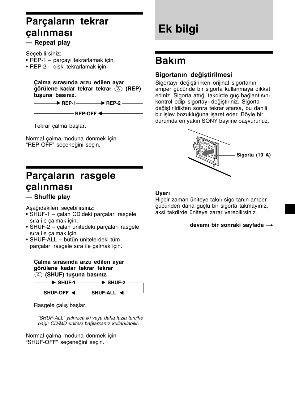 Ek bilgi, Bakım, Parçaların tekrar çalınması | Parçaların rasgele çalınması | Sony XR-CA410 User Manual | Page 93 / 124