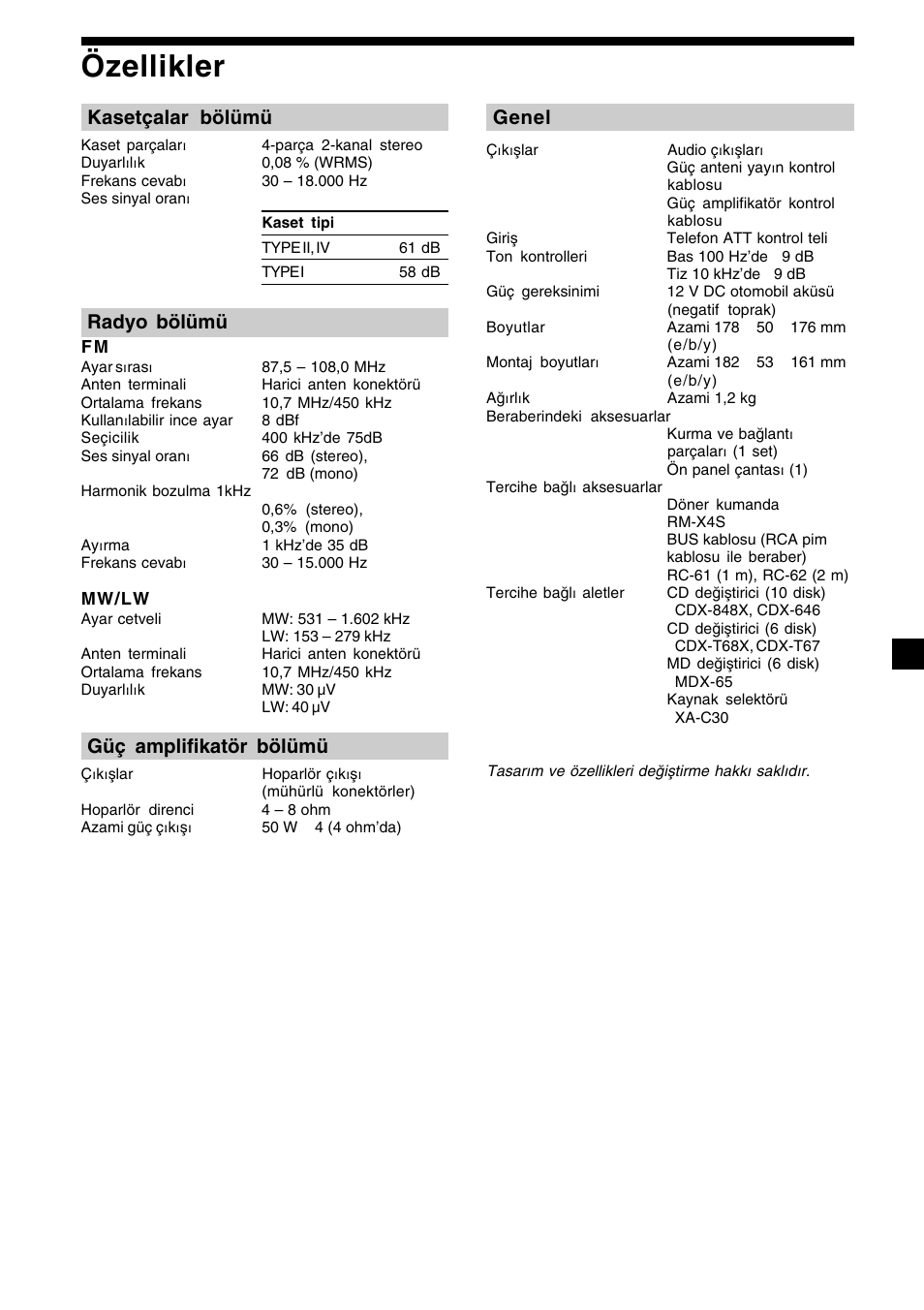 23 özellikler, Kasetçalar bölümü, Radyo bölümü | Güç amplifikatör bölümü, Genel | Sony XR-CA410 User Manual | Page 95 / 124