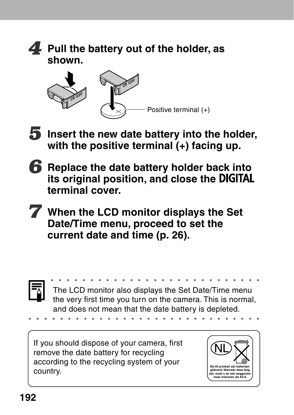 Pull the battery out of the holder, as shown, Positive terminal (+) | Canon A60 User Manual | Page 196 / 230