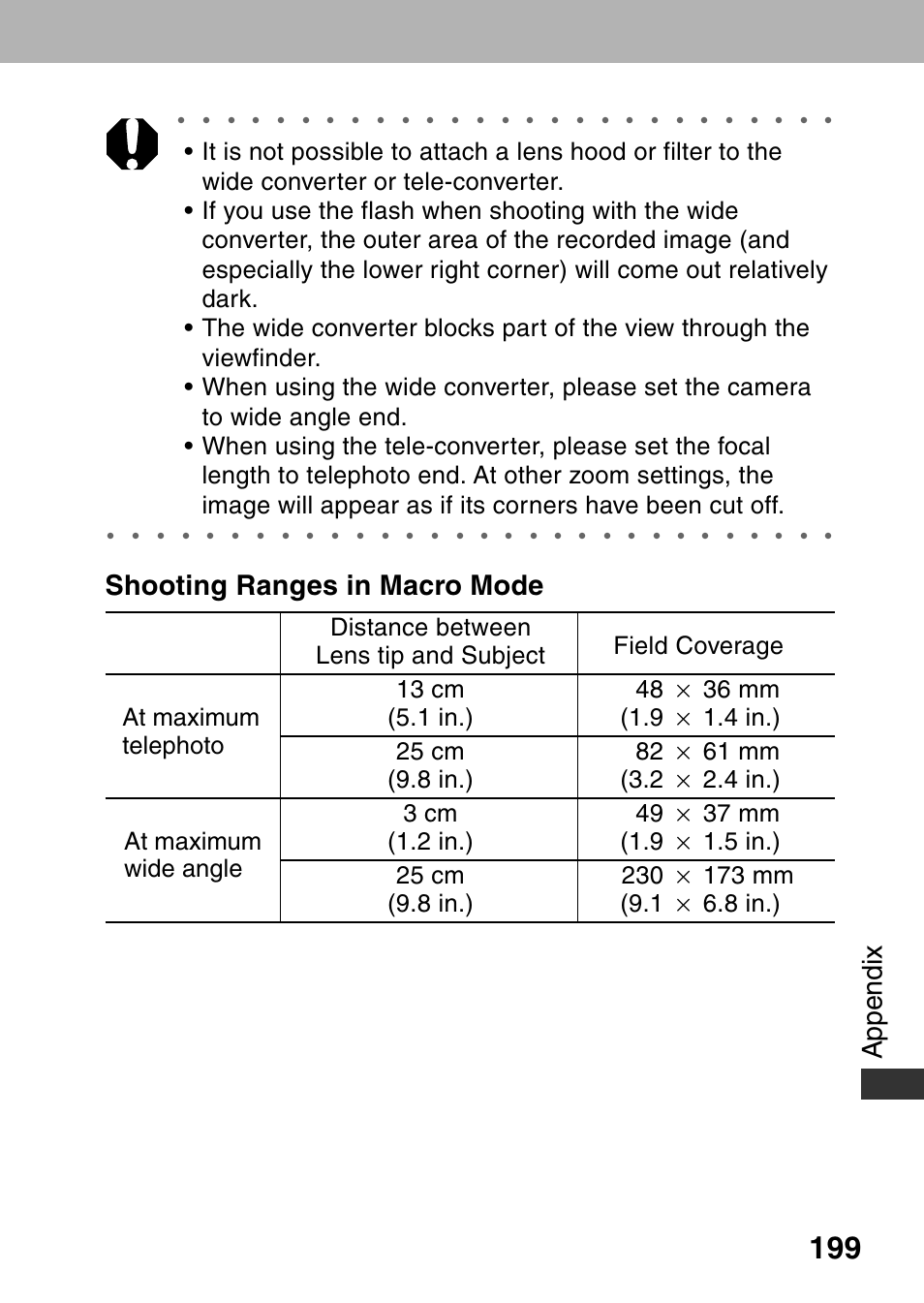 Appendix shooting ranges in macro mode | Canon A60 User Manual | Page 203 / 230