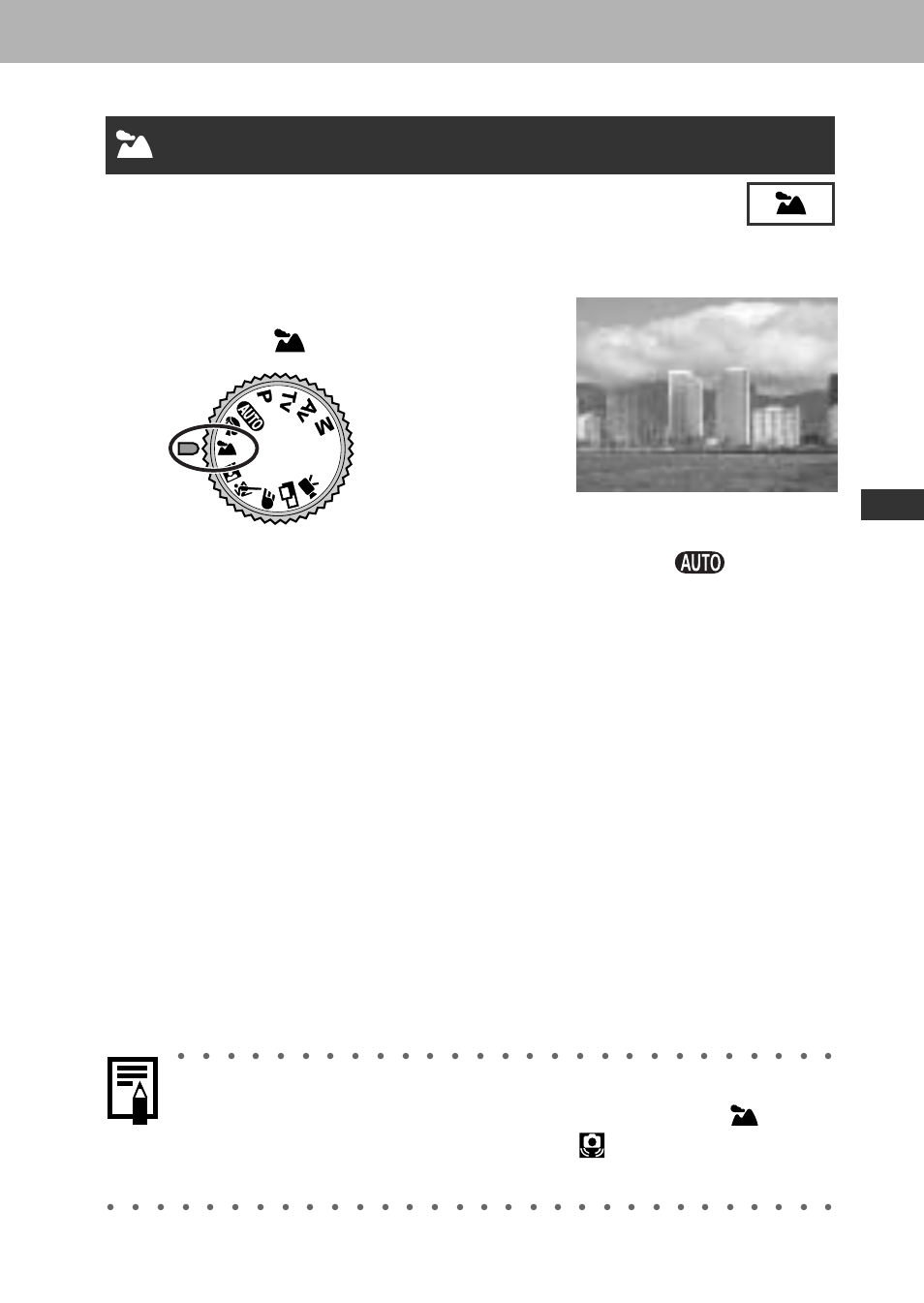 Landscape mode, Turn the shooting mode dial to, Shooting | Use this mode to shoot expansive landscape scenes | Canon A60 User Manual | Page 75 / 230