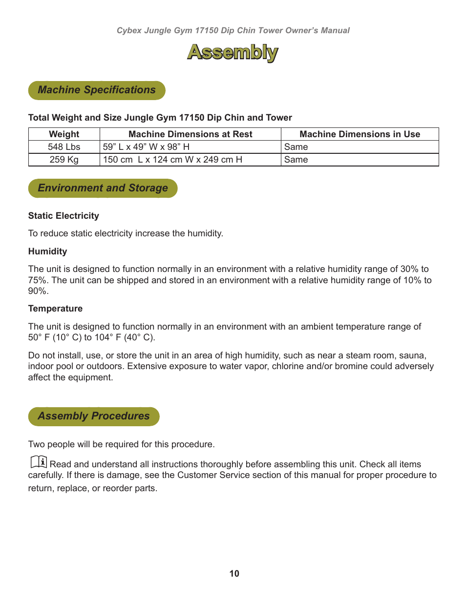 Assembly, Machine specifications, Environment and storage | Assembly procedures | Cybex 17150 Jungle Gym Dip Chin Tower User Manual | Page 10 / 30