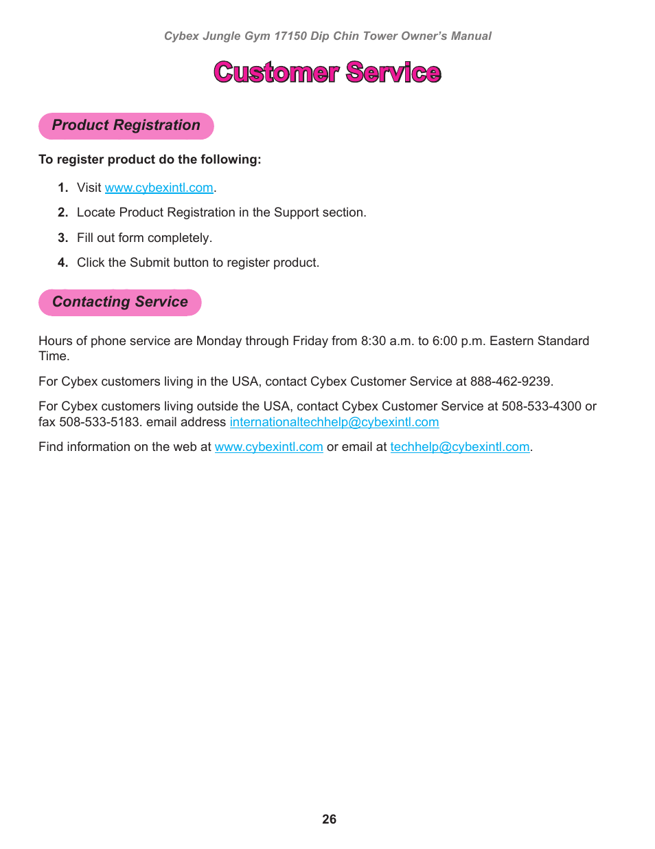 Customer service | Cybex 17150 Jungle Gym Dip Chin Tower User Manual | Page 26 / 30