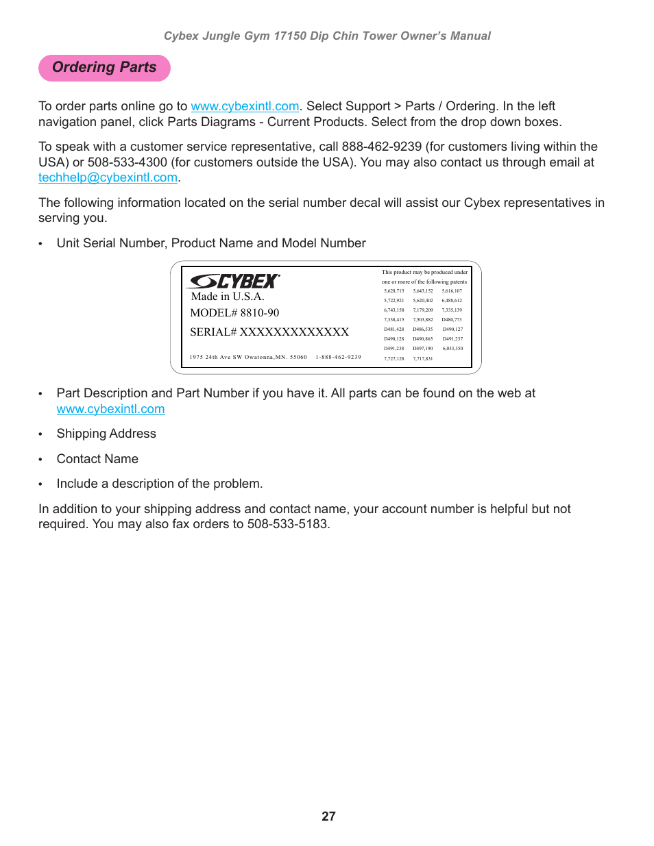 Ordering parts, Serial number 8800 decal, Unit serial number, product name and model number | Owatonna, Shipping address, Contact name | Cybex 17150 Jungle Gym Dip Chin Tower User Manual | Page 27 / 30