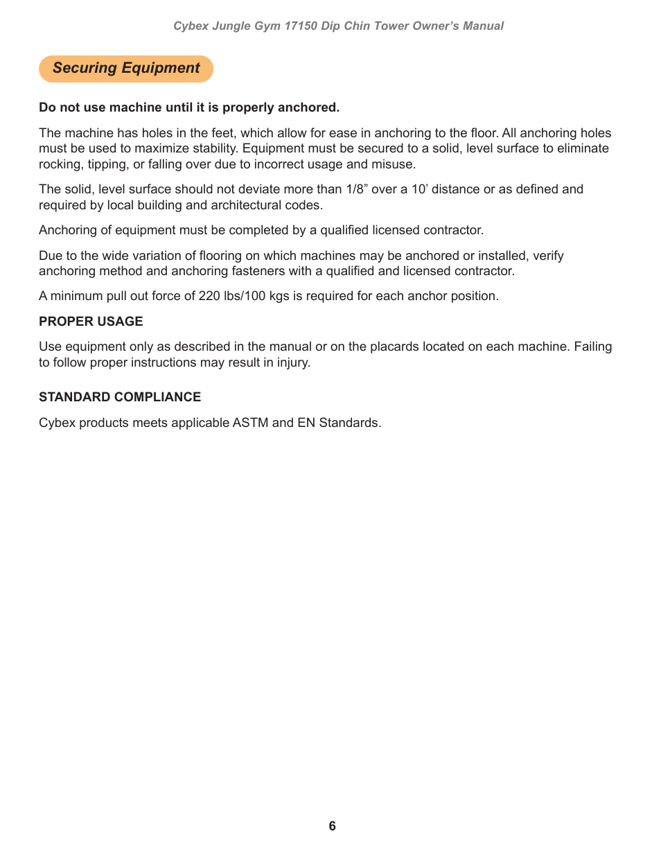 Securing equipment | Cybex 17150 Jungle Gym Dip Chin Tower User Manual | Page 6 / 30