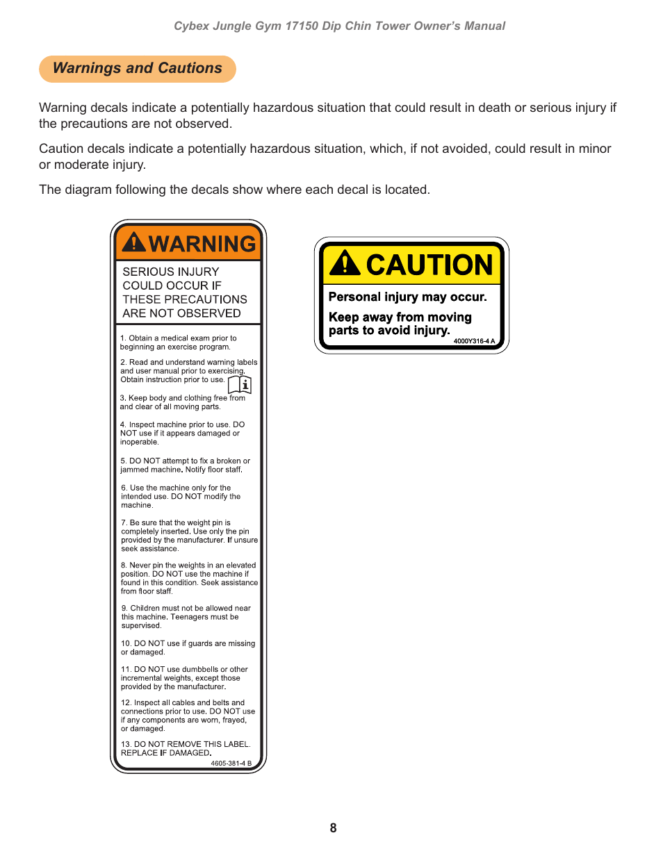 Warnings and cautions, Caution, Warning | Personal injury may occur, Keep away from moving parts to avoid injury, Owatonna | Cybex 17150 Jungle Gym Dip Chin Tower User Manual | Page 8 / 30