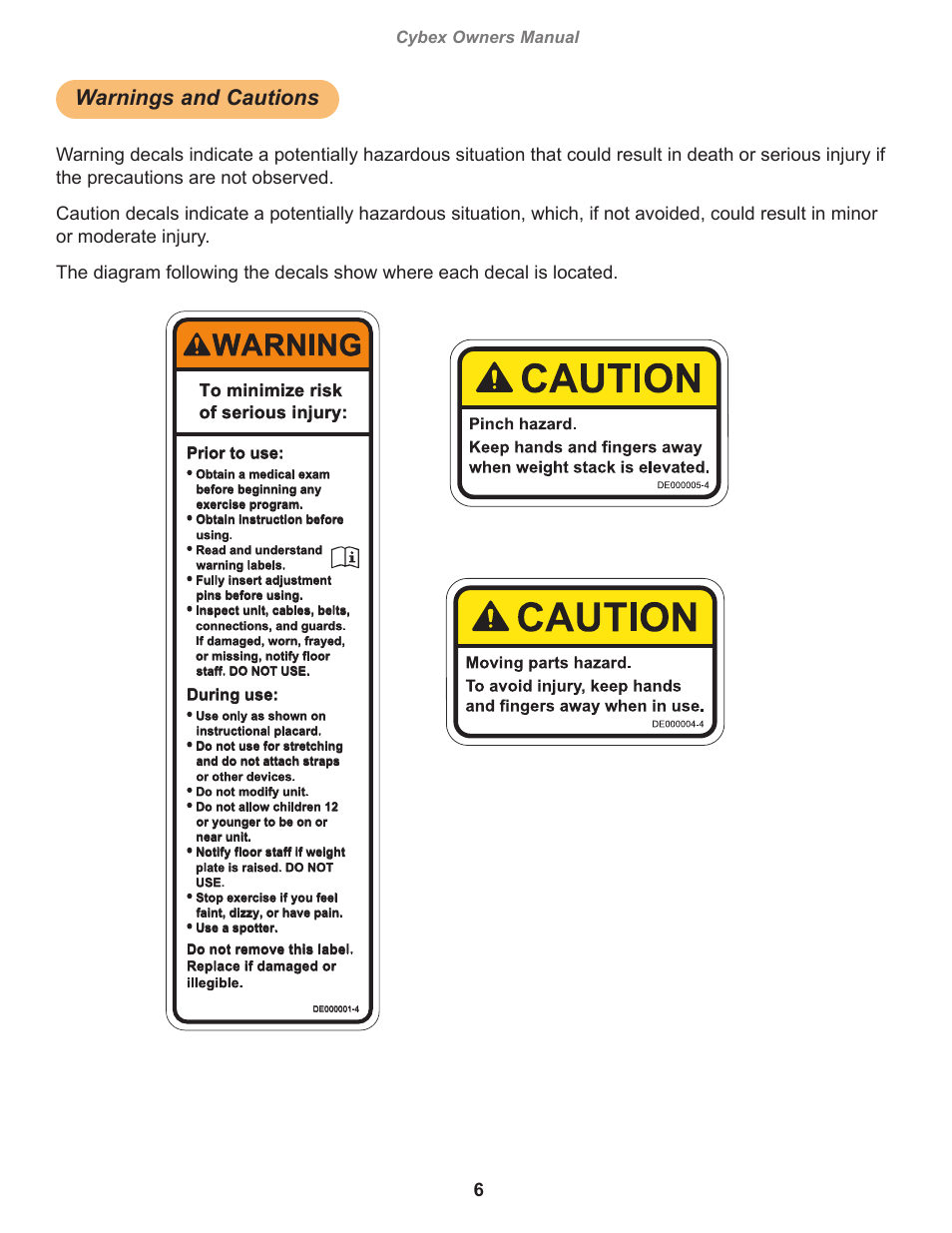 Warnings and cautions, Warning, Cybex owners manual | Owatonna, Prior to use, During use | Cybex 17151 Jungle Gym Dip Chin Tower User Manual | Page 6 / 28