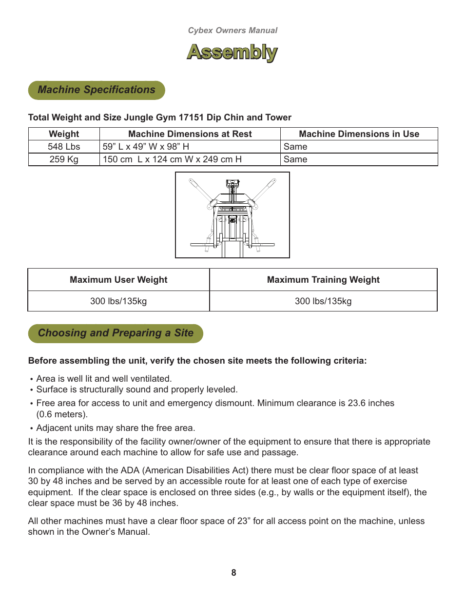 Assembly, Machine specifications, Choosing and preparing a site | Cybex 17151 Jungle Gym Dip Chin Tower User Manual | Page 8 / 28