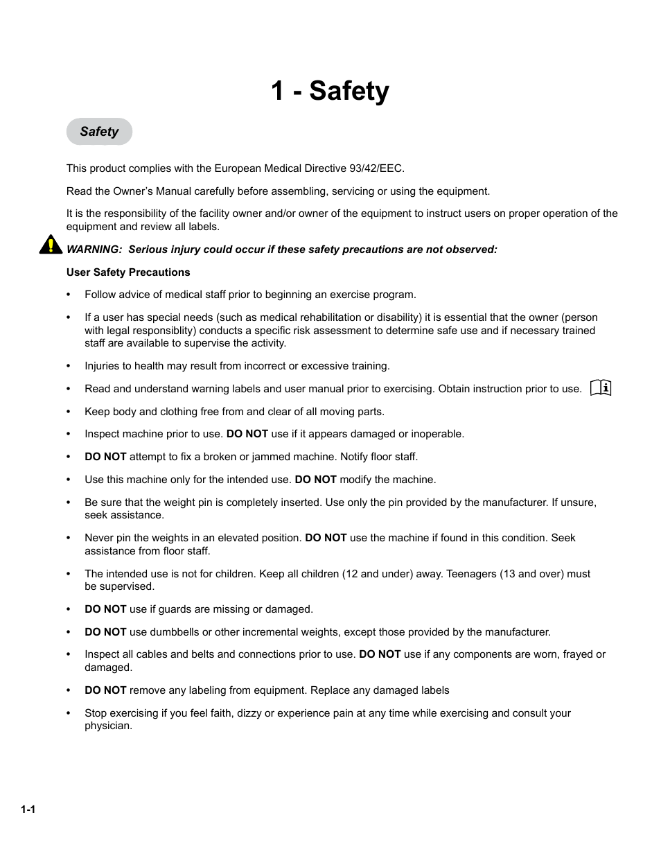 1 - safety | Cybex 11000 Medical Eagle Chest Press User Manual | Page 7 / 24