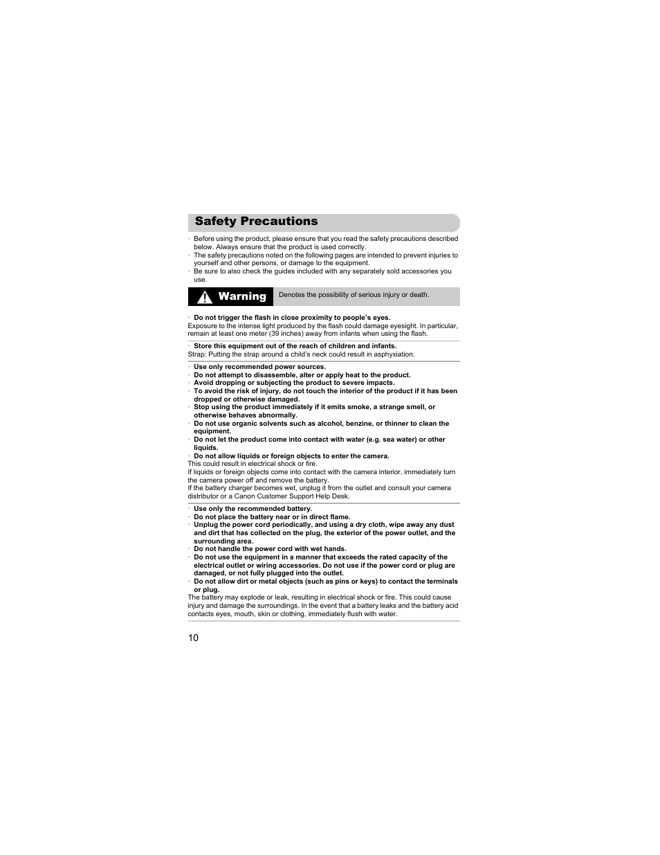 Safety precautions, Warning | Canon IXUS 310 HS User Manual | Page 10 / 208