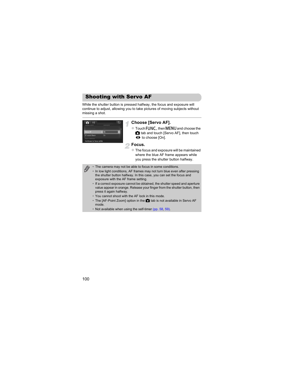 Shooting with servo af, P. 100) | Canon IXUS 310 HS User Manual | Page 100 / 208