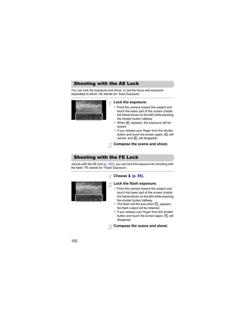 Shooting with the ae lock, Shooting with the fe lock | Canon IXUS 310 HS User Manual | Page 102 / 208
