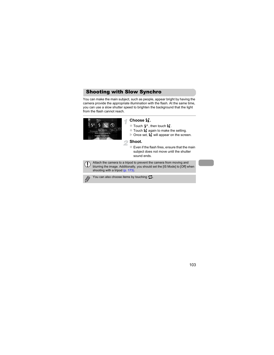 Shooting with slow synchro | Canon IXUS 310 HS User Manual | Page 103 / 208