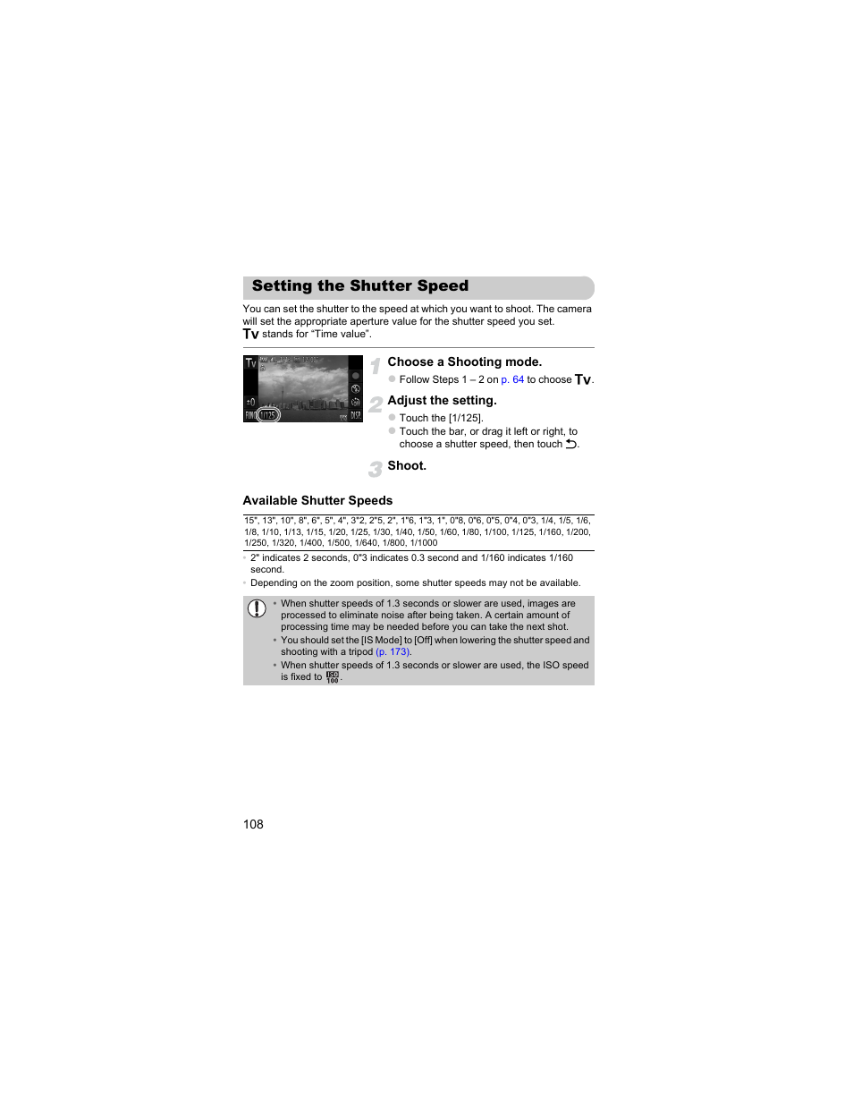 Setting the shutter speed | Canon IXUS 310 HS User Manual | Page 108 / 208