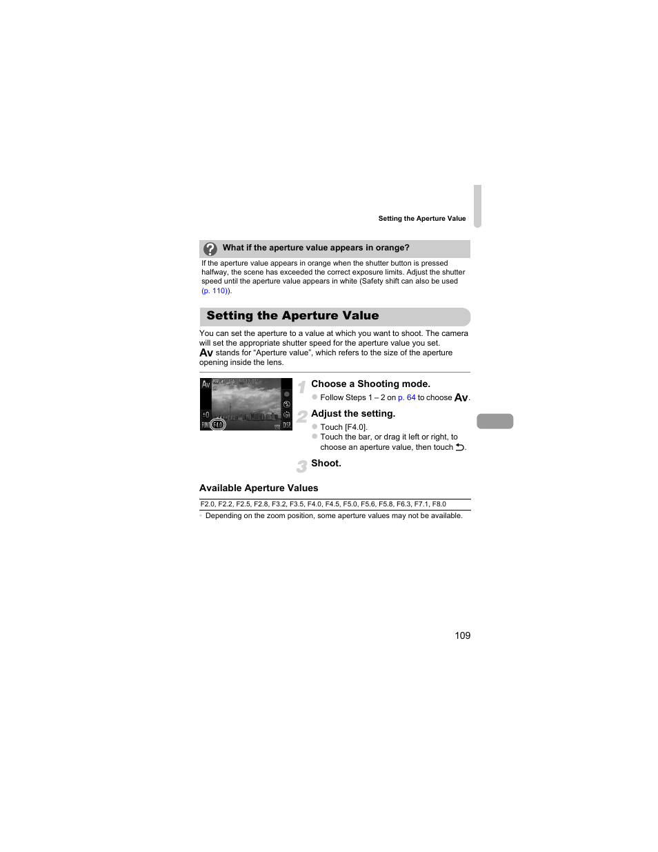 Setting the aperture value | Canon IXUS 310 HS User Manual | Page 109 / 208