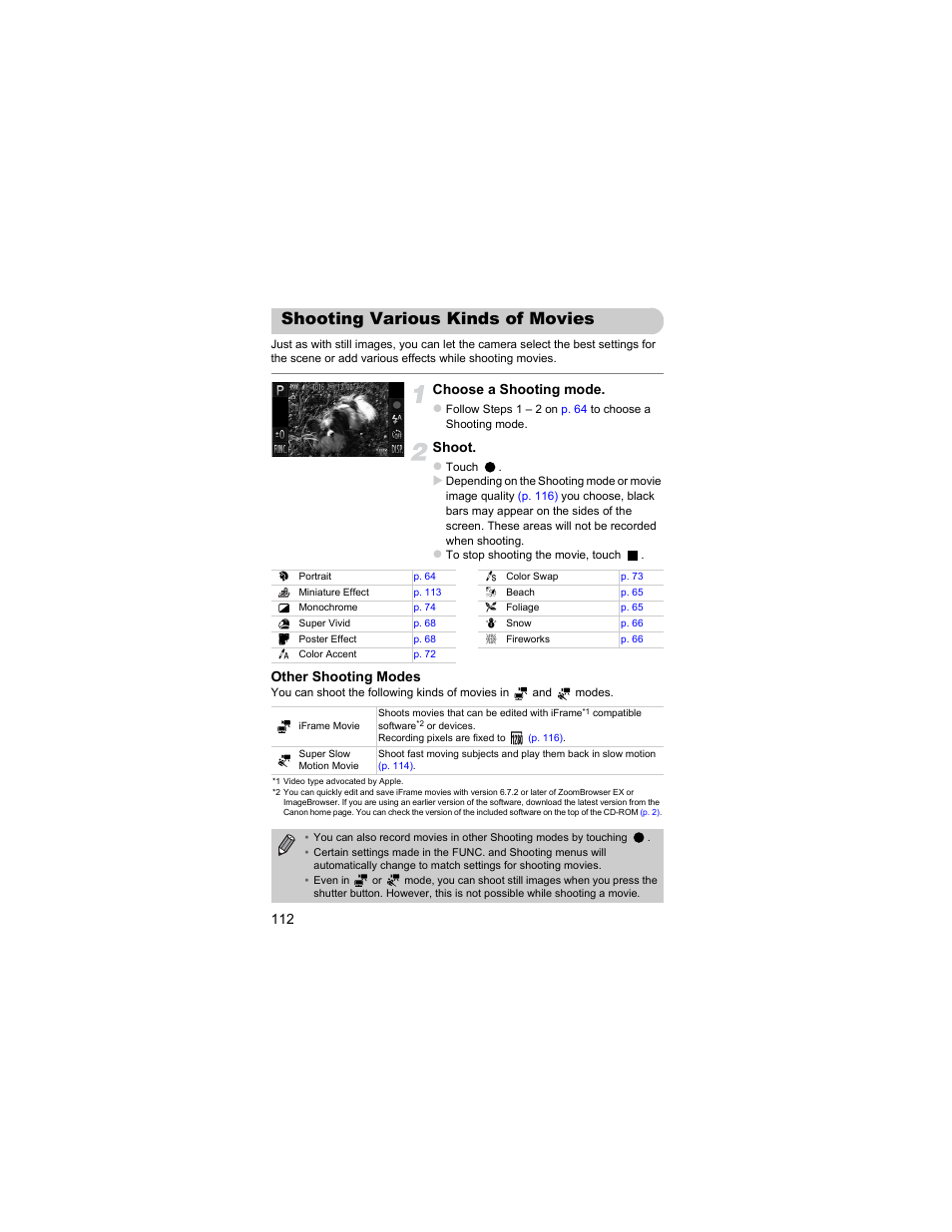 Shooting various kinds of movies, Shooting various kinds of, Movies | Choose a shooting mode, Shoot, Other shooting modes | Canon IXUS 310 HS User Manual | Page 112 / 208