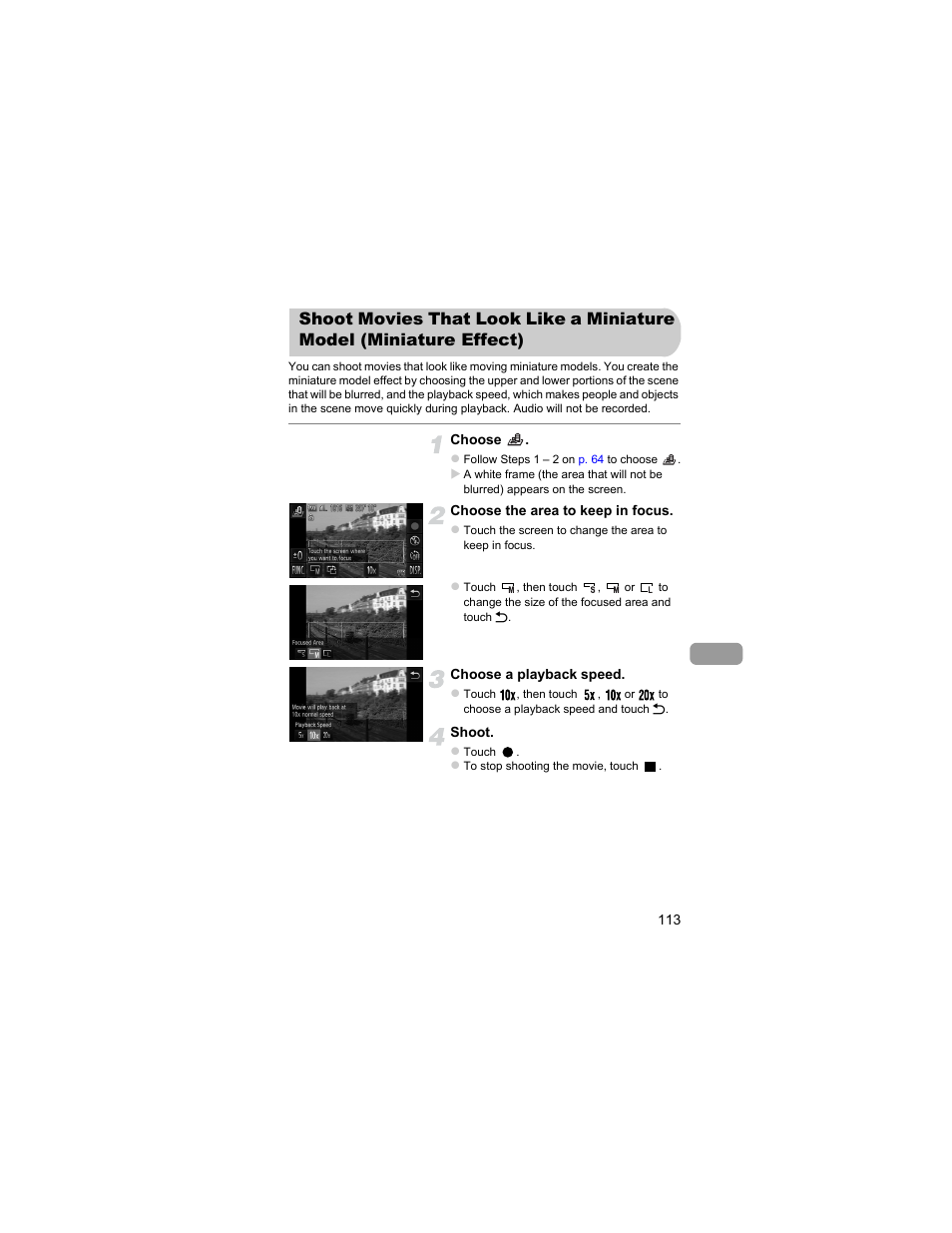 Shoot movies that look like a, Miniature model (miniature effect), P. 113) | P. 113 | Canon IXUS 310 HS User Manual | Page 113 / 208