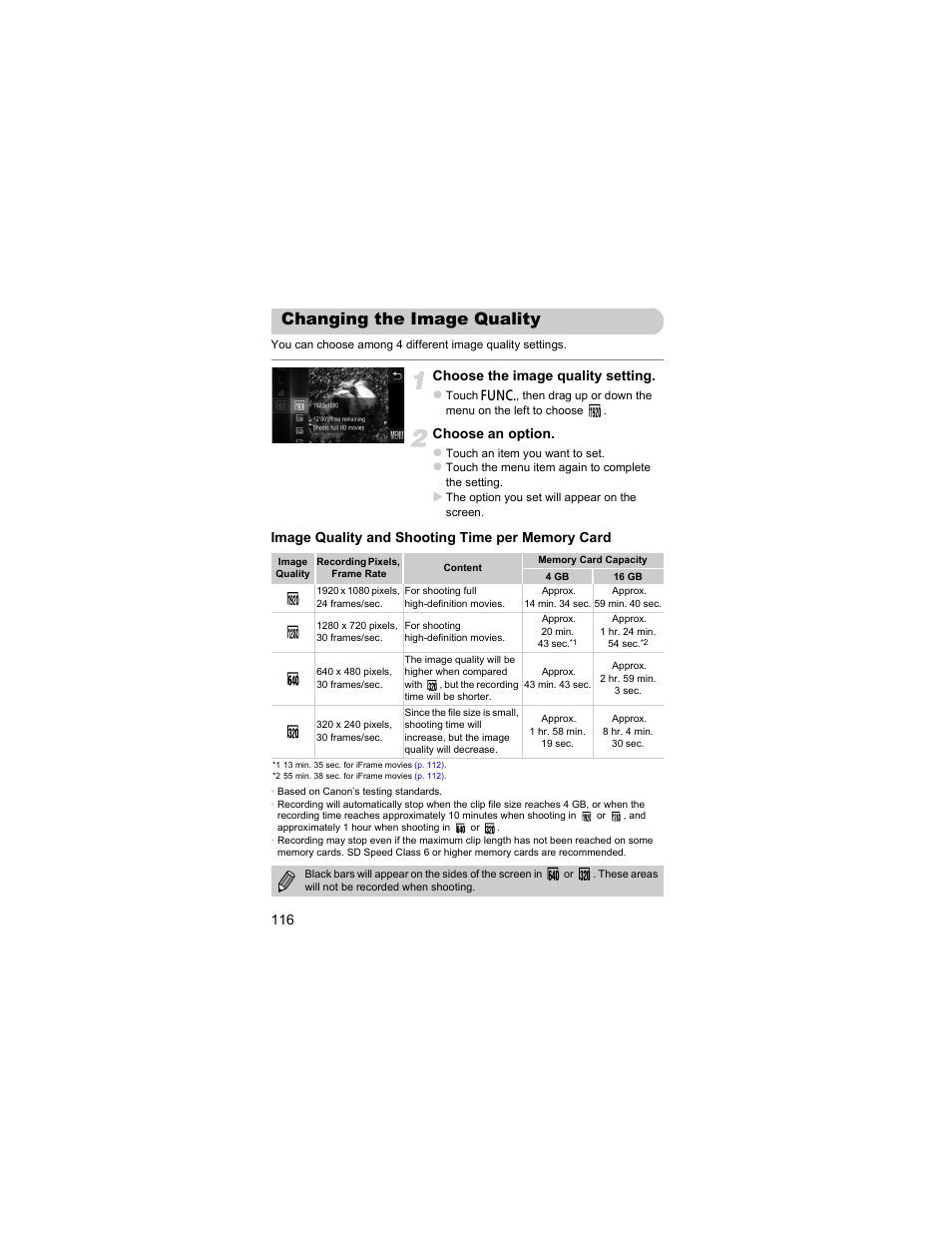 Changing the image quality, P. 116), Choose the image quality setting | Choose an option | Canon IXUS 310 HS User Manual | Page 116 / 208