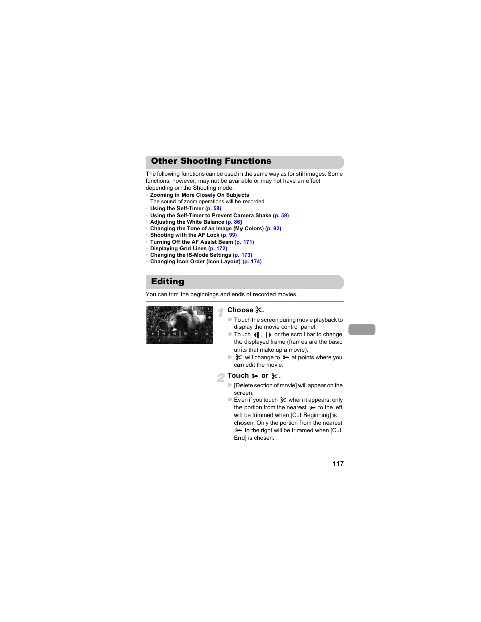 Other shooting functions, Editing, Other shooting functions editing | Canon IXUS 310 HS User Manual | Page 117 / 208