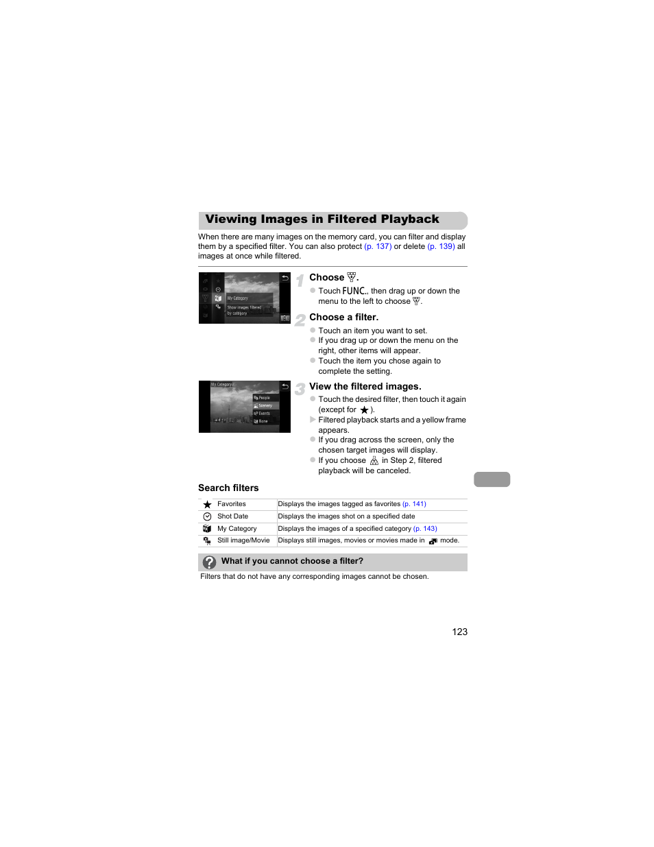 Viewing images in filtered playback, Viewing images in filtered, Playback | P. 123) | Canon IXUS 310 HS User Manual | Page 123 / 208