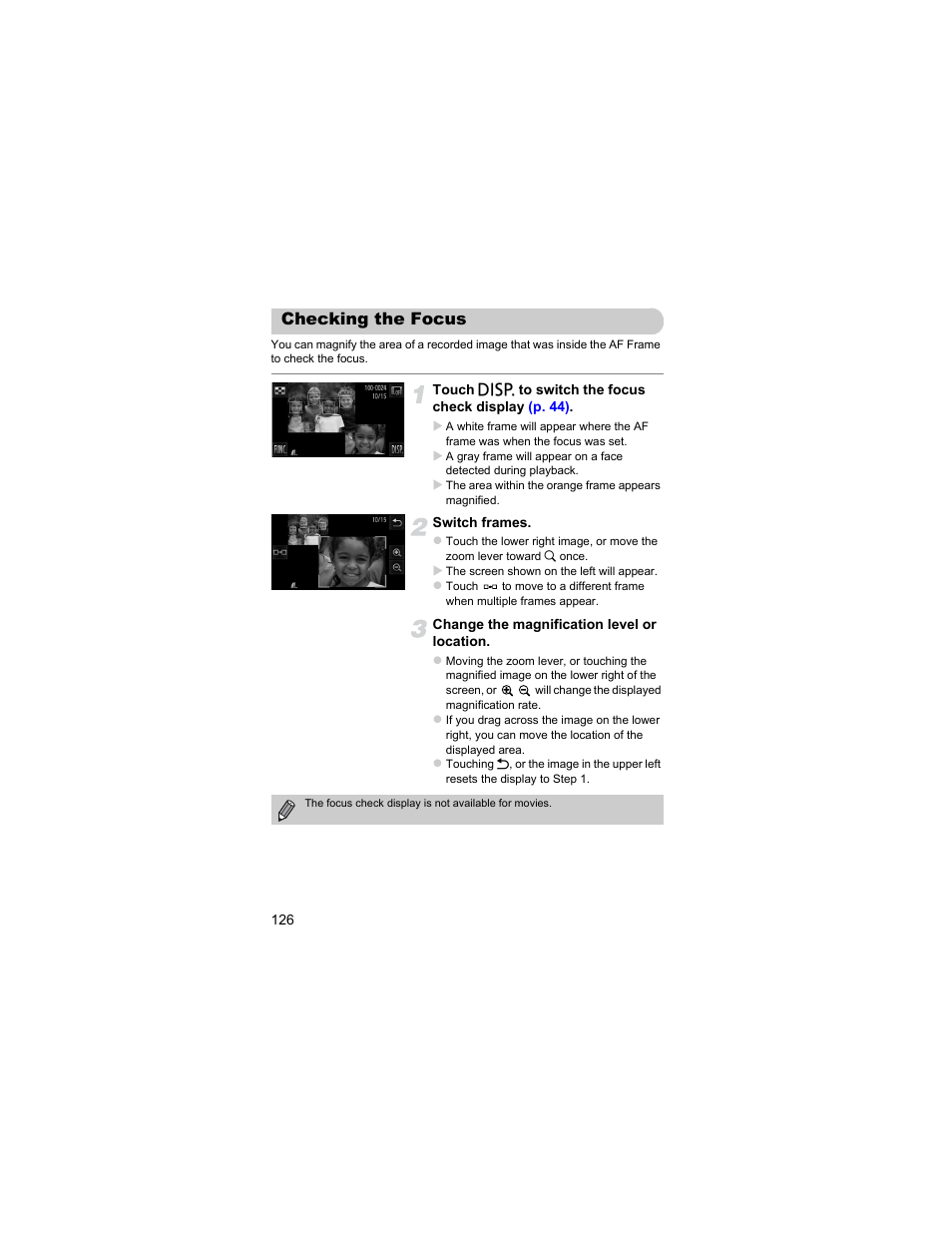 Checking the focus, P. 126) | Canon IXUS 310 HS User Manual | Page 126 / 208