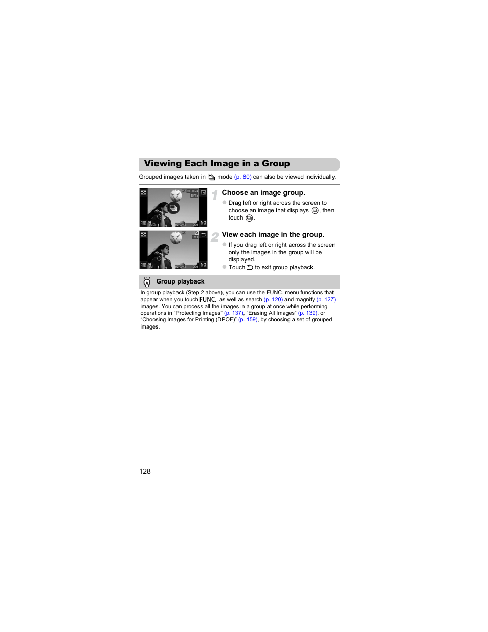 Viewing each image in a group, P. 128) | Canon IXUS 310 HS User Manual | Page 128 / 208