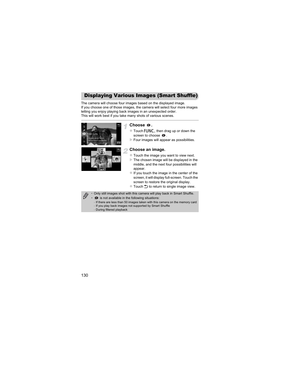 Displaying various images (smart shuffle), Displaying various images, Smart shuffle) | P. 130) | Canon IXUS 310 HS User Manual | Page 130 / 208