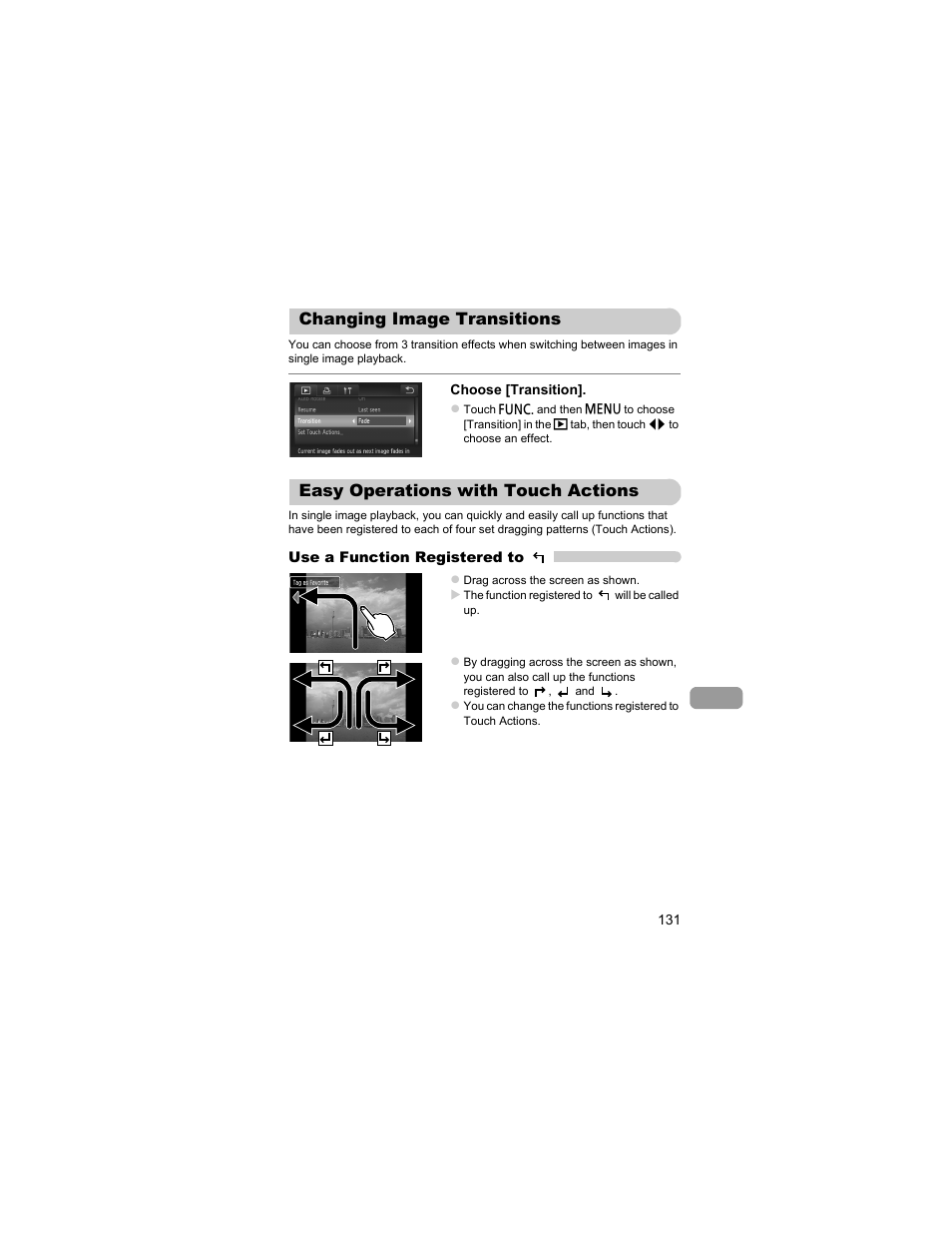 Changing image transitions, Easy operations with touch actions, Actions | P. 131), Eshow | Canon IXUS 310 HS User Manual | Page 131 / 208