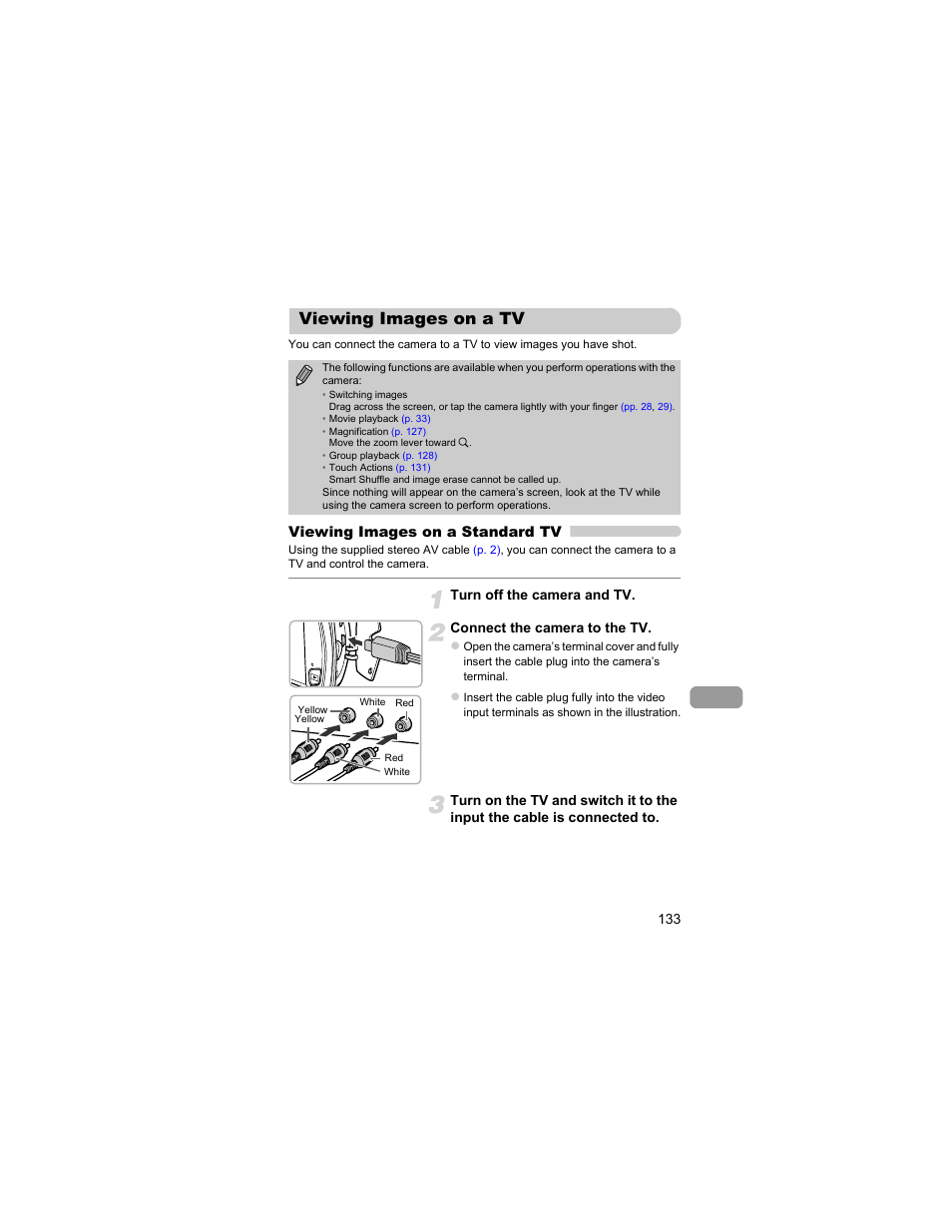 Viewing images on a tv, P. 133) | Canon IXUS 310 HS User Manual | Page 133 / 208